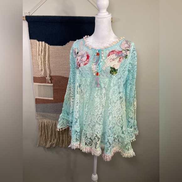 Antica Sartoria by giacomo cinque Aqua Lace Boho Embroidered Coachella Blouse M - Picture 2 of 8